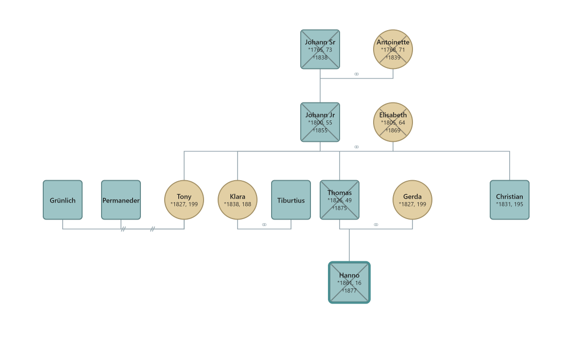 WinGeno screenshot showing the Buddenbrook family genogram across four generations
