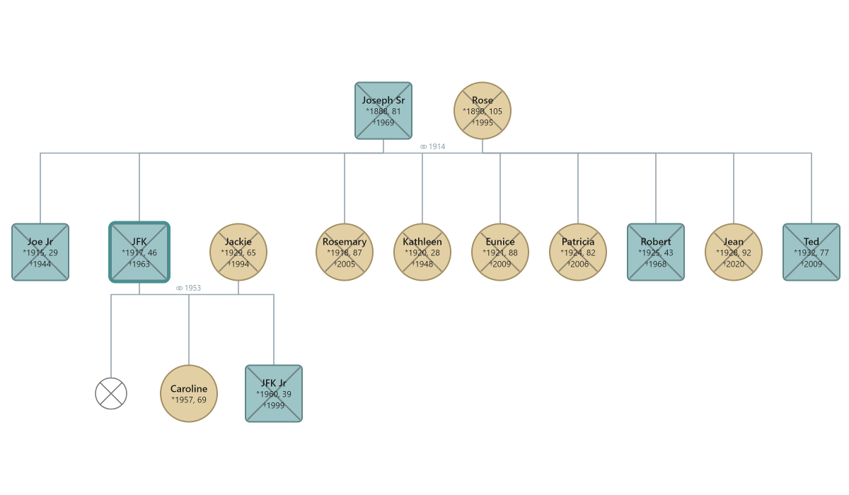 WinGeno screenshot showing the Kennedy family genogram across three generations